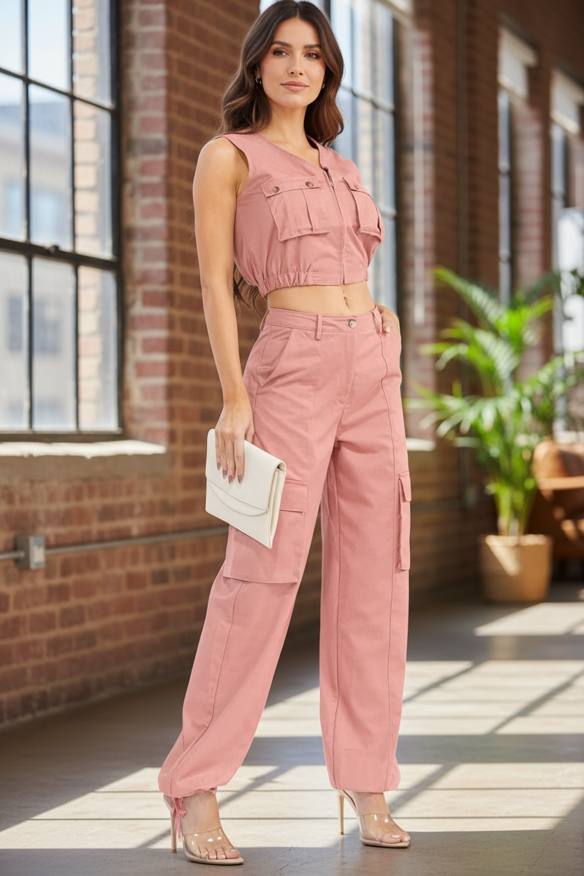 WOMEN'S SLEEVELESS ZIP UP TOP & BUTTON CLOSURE PANTS SOLID 2PC SET