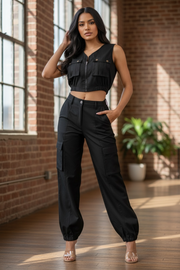 WOMEN'S SLEEVELESS ZIP UP TOP & BUTTON CLOSURE PANTS SOLID 2PC SET