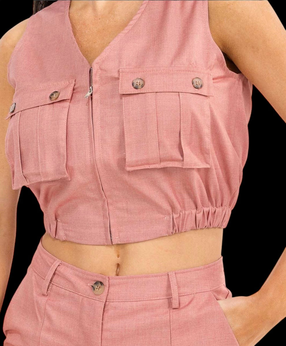 WOMEN'S SLEEVELESS ZIP UP TOP & BUTTON CLOSURE PANTS SOLID 2PC SET