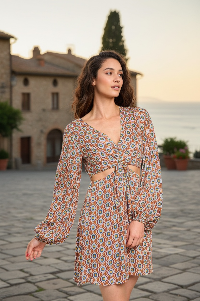 WOMEN'S LONG SLEEVE V-NECK CUT OUT PRINTED MINI DRESS