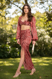 WOMEN'S LONG SLEEVE CROP TOP & RUCHED SLIT MAXI SKIRT PRINTED 2PC. SET