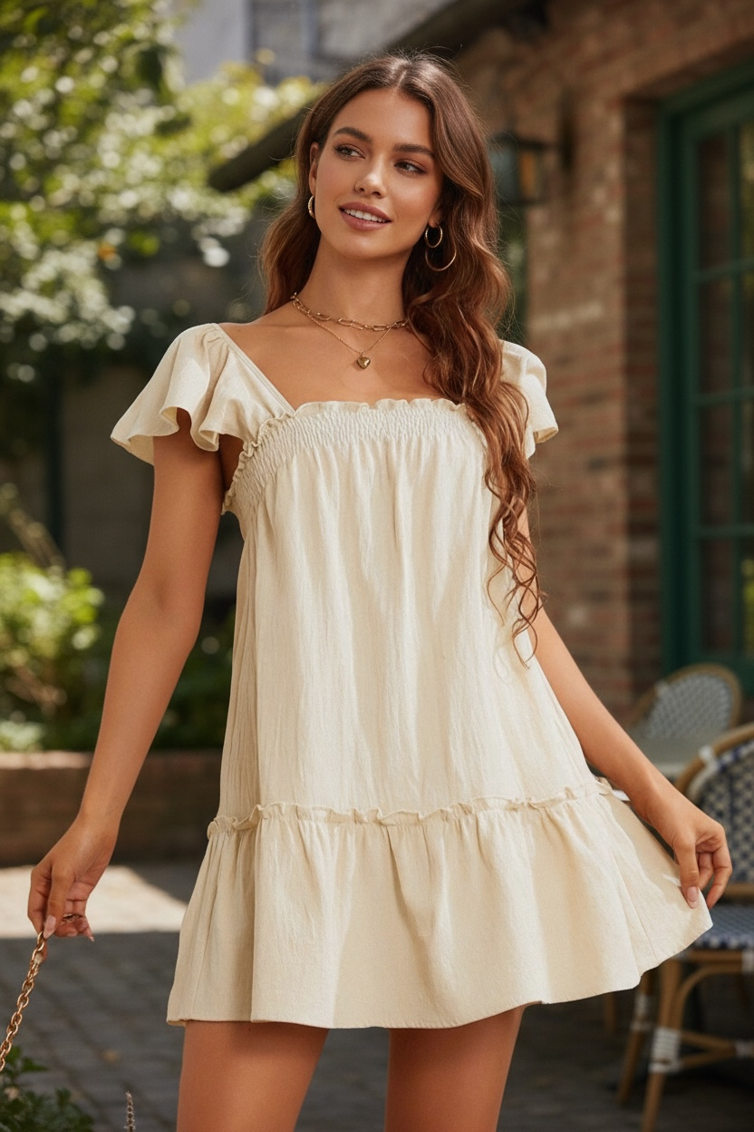 Women Summer Pure Cotton Square Neck Flutter Sleeve Ruffle Dress Backless Bow Tie Back Smocked Bust Mini Dress
