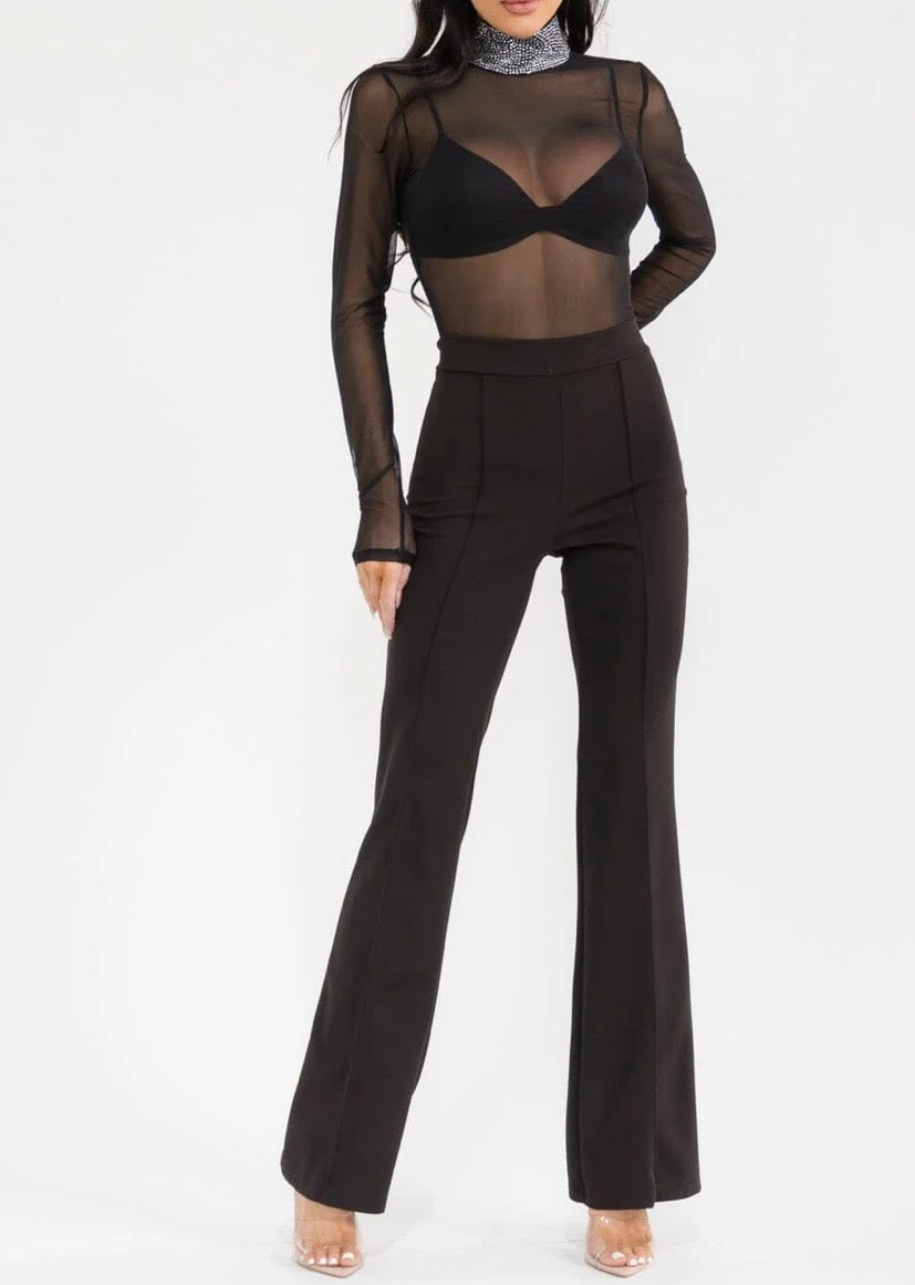 WOMEN'S LONG SLEEVE MOCK NECK RHIMESTONE MESH BODYSUIT & BRALETTE