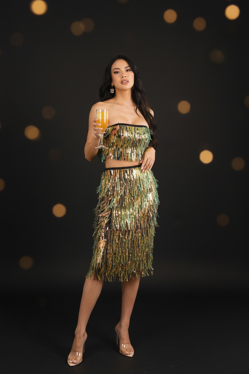 WOMEN'S SLEEVELESS CROP TOP & MIDI SKIRT FRINGE SEQUINS MULTI 2PC. SET