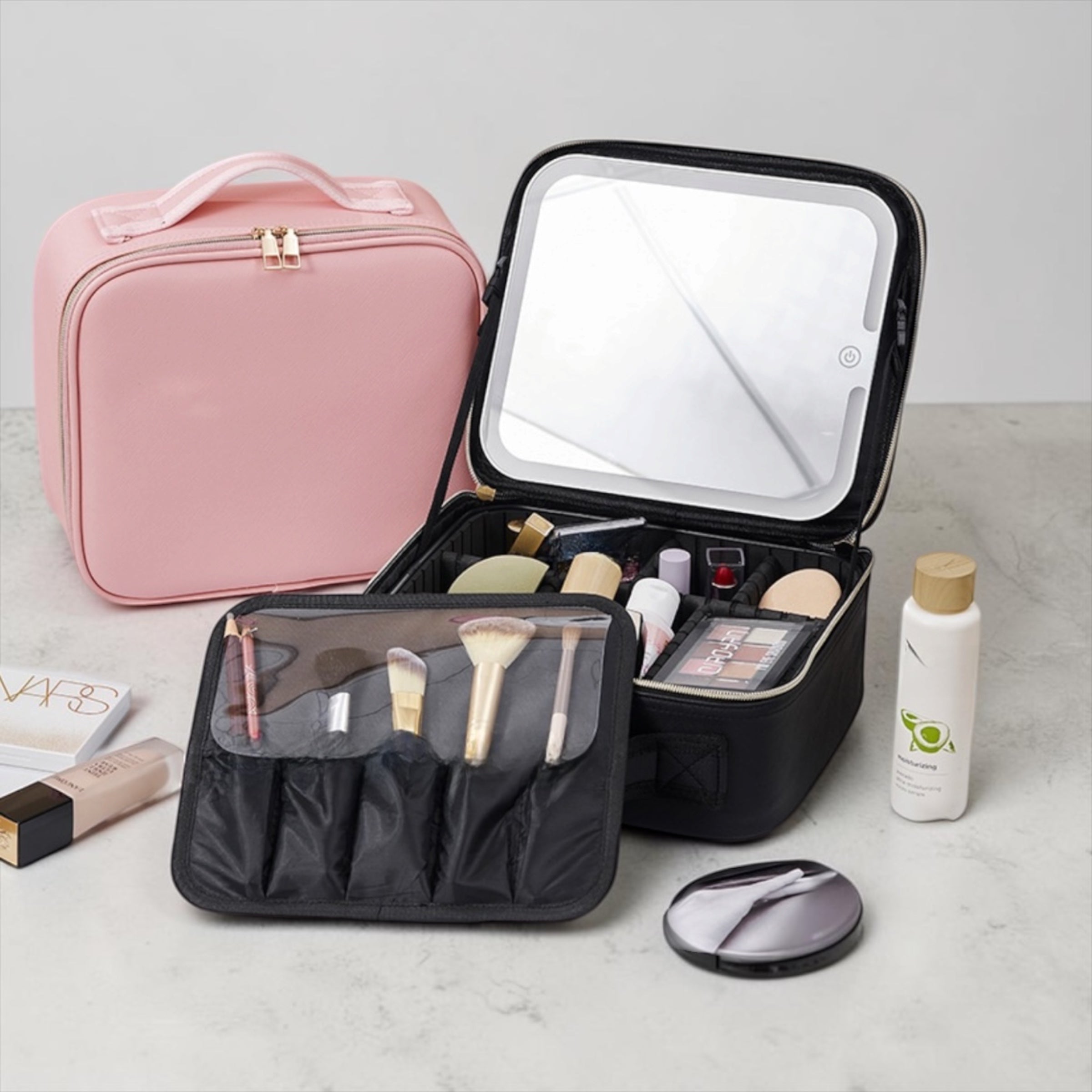 Portable LED Makeup Train Case with 3 Color Lighted Mirror Large Capacity PU Leather Travel Cosmetic Bag with Adjustable Dividers and Brush Slots Professional Beauty Storage Organizer for Women