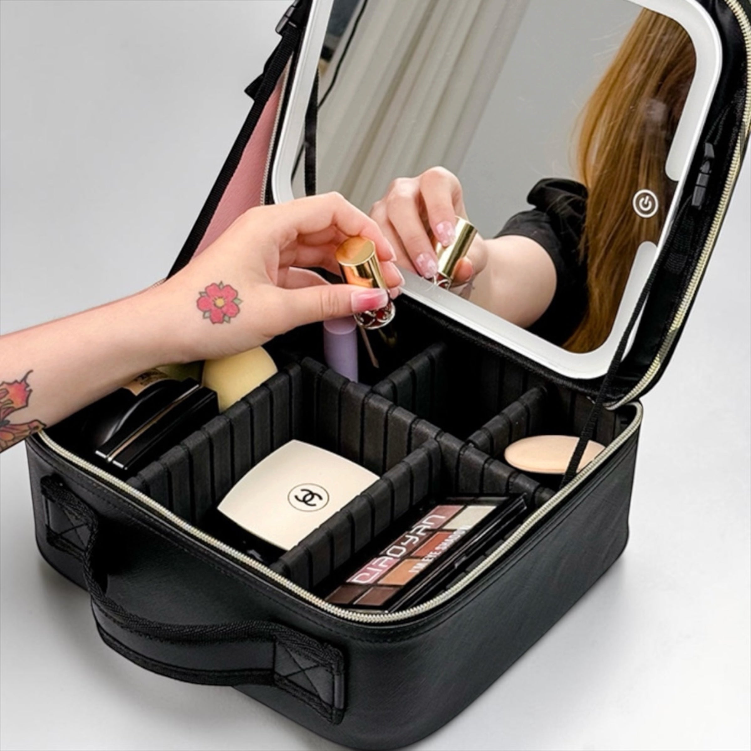 Portable LED Makeup Train Case with 3 Color Lighted Mirror Large Capacity PU Leather Travel Cosmetic Bag with Adjustable Dividers and Brush Slots Professional Beauty Storage Organizer for Women
