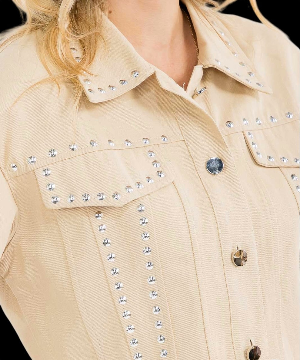 WOMEN'S LONG SLEEVE BUTTON CLOSURE STUDS DENIM JACKET