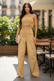 WOMEN'S SLEEVELESS CROP TOP & BUTTON CLOSURE PANTS SOLID 2PC. SET