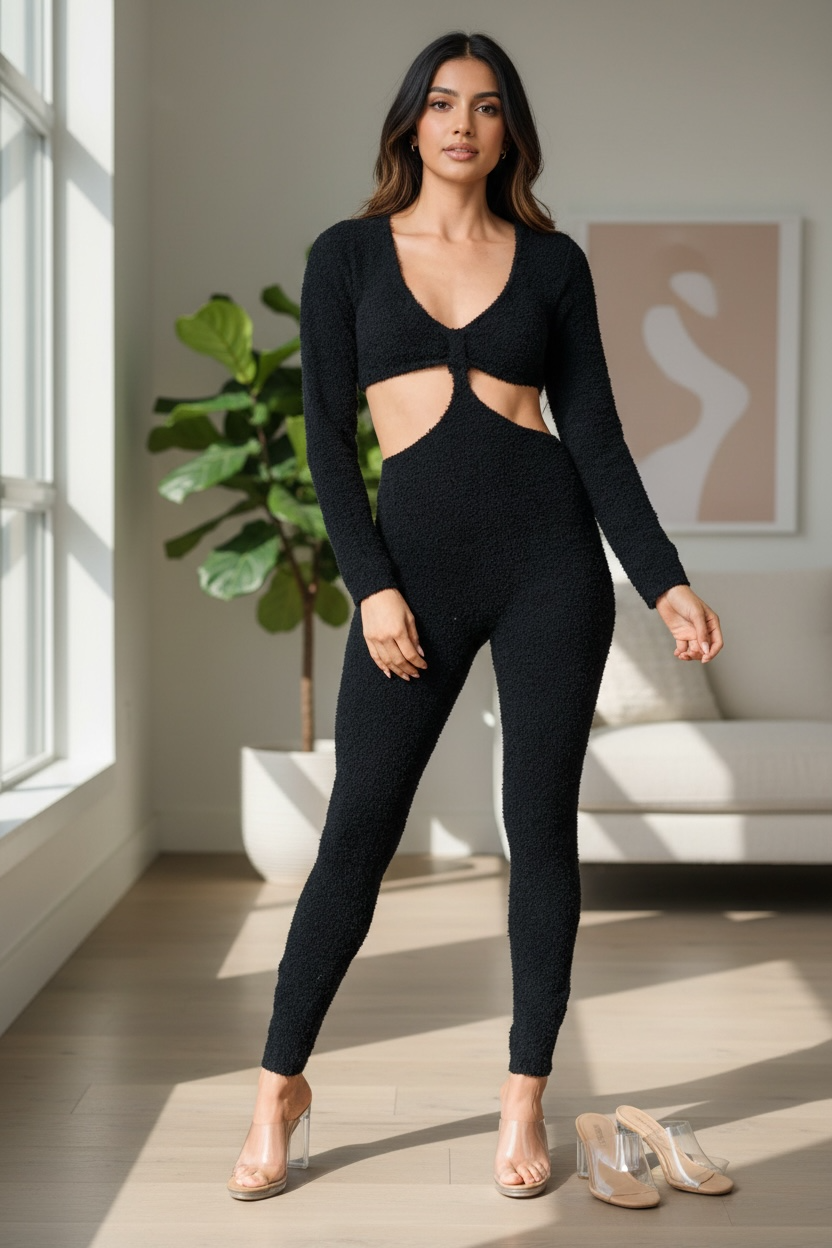 WOMEN'S LONG SLEEVE V-NECK CUT OUT SKINNY JUMPSUIT