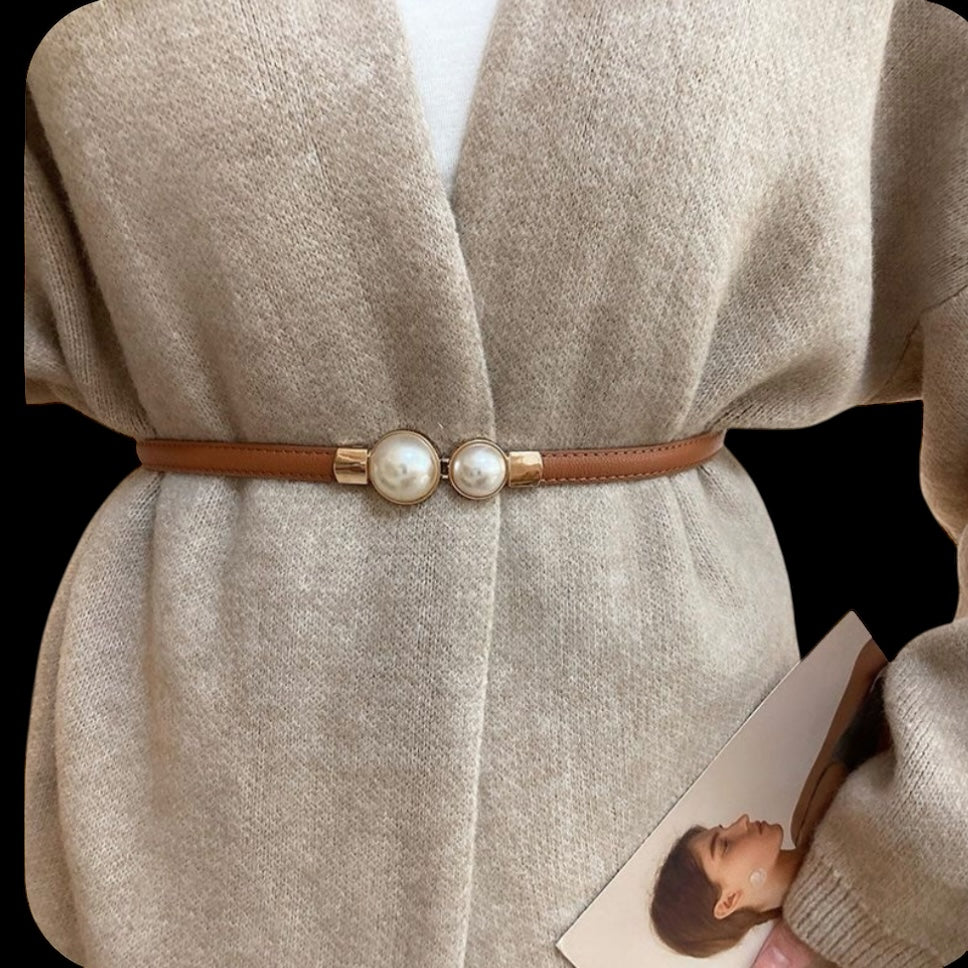 Fashion Pearl Pair Buckle Thin Waist Belt Adjustable