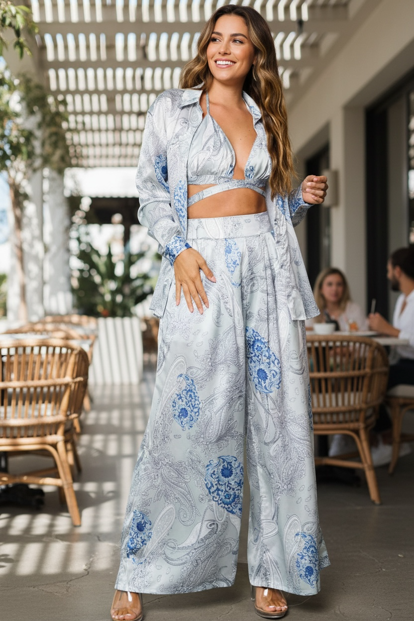 WOMEN'S LONG SLEEVE TOP W/BRA & WIDE LEG PANTS PRINTED 3PC. SET
