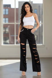 WOMEN'S BUTTON CLOSURE POCKETS DISTRESS DENIM WIDE LEG PANTS