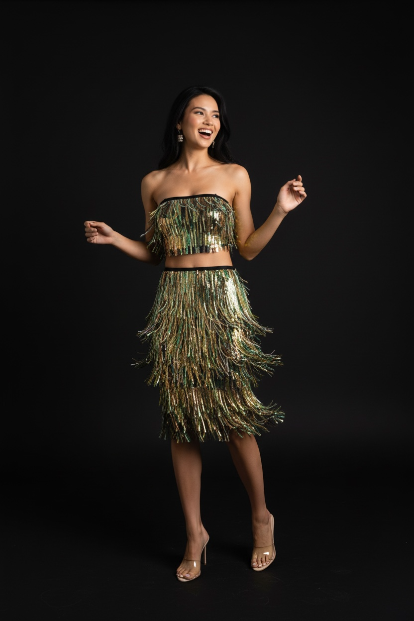 WOMEN'S SLEEVELESS CROP TOP & MIDI SKIRT FRINGE SEQUINS MULTI 2PC. SET