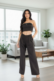 WOMEN'S SLEEVELESS CROP TOP & BUTTON CLOSURE PANTS BELTED SOLID 2PC. SET