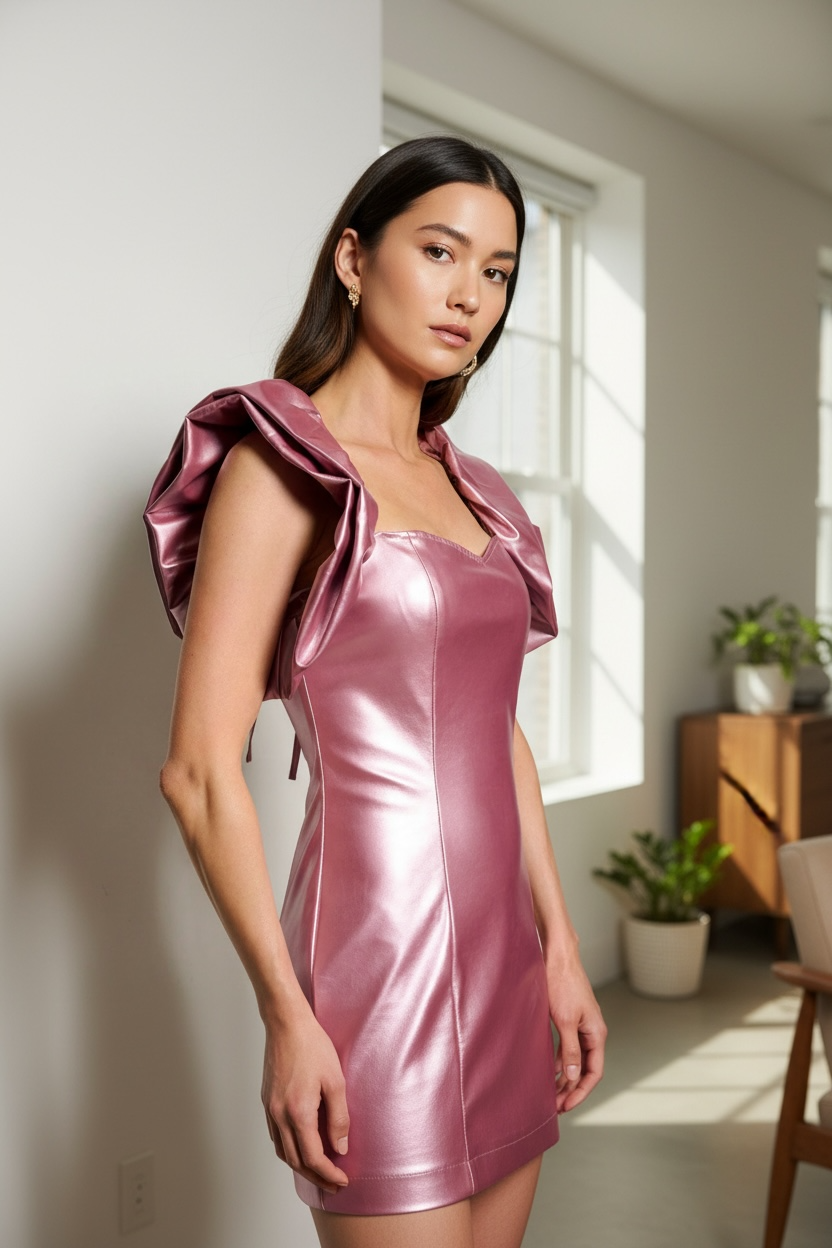 WOMEN'S SHORT PUFF SLEEVE SQUARE NECK PU PLEATHER BODYCON MINI DRESS