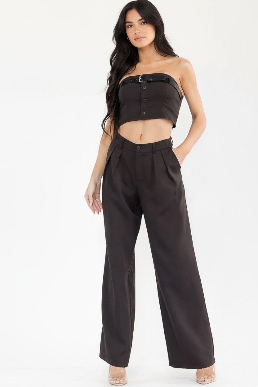 WOMEN'S SLEEVELESS CROP TOP & BUTTON CLOSURE PANTS BELTED SOLID 2PC. SET