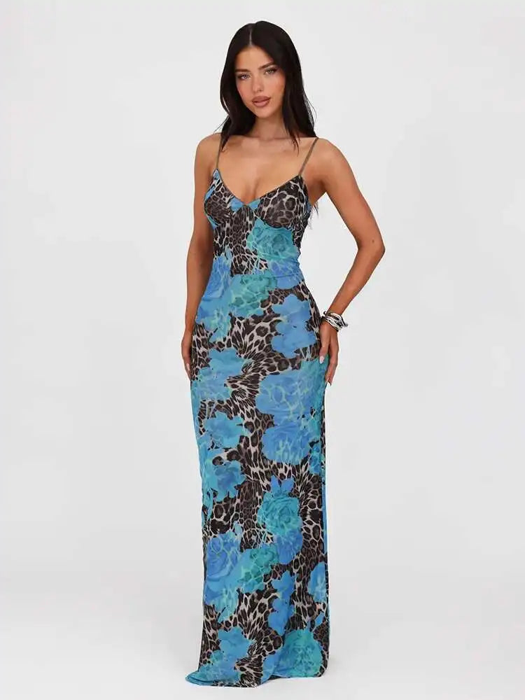 Printed Spaghetti Strap Maxi Bodycon Dress