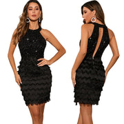 Sexy Halter Back Cut Retro Tassel Sequined Little Black Dress