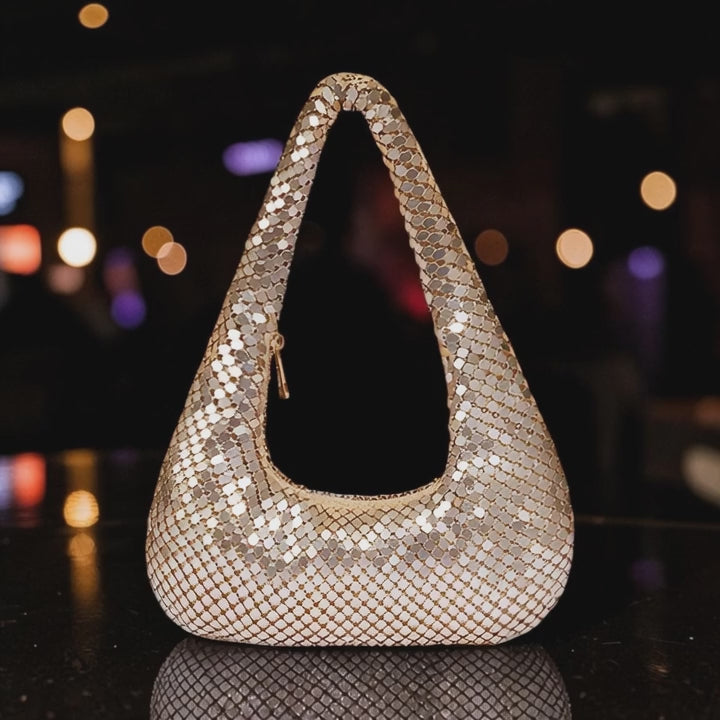 Load video: Women Sparkly Metal Sequin Evening Bag Mesh Hobo Underarm Handbag
