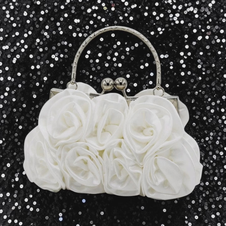 Load video: Handmade Rose Flower Evening Bag Satin 3D Floral Clutch Purse For Wedding Party Women Elegant Formal Handbag With Metal Handle And Chain
